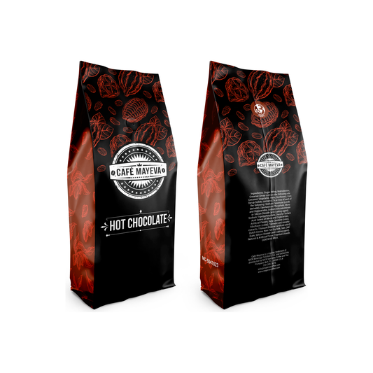 Two bags of Café Mayeva Hot Chocolate Supreme, each weighing 2lbs, with a decorative red and black design.