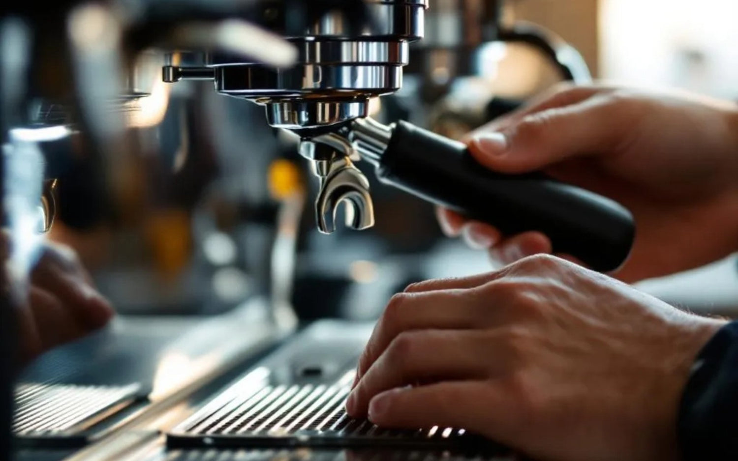 Person using a coffee machine with a close-up of hands and equipment.