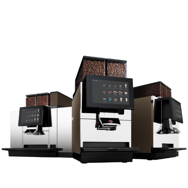 Commercial coffee machine with multiple compartments and screens on a white background